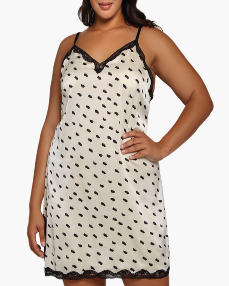 Front of a model wearing a size 1X Nadia Polka-Dot Satin Chemise in Cream by iCollection. | dia_product_style_image_id:254053